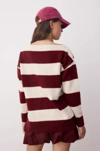 TRENDYOLMİLLA Ecru Soft textured Wide Pattern Striped Knitwear Sweater - Image 4