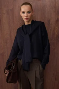 TRENDYOLMİLLA Special Collection NAVY BLUE Soft textured Wide Pattern Shawl Knitwear Sweater