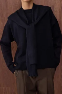 TRENDYOLMİLLA Special Collection NAVY BLUE Soft textured Wide Pattern Shawl Knitwear Sweater - Image 3