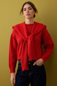 TRENDYOLMİLLA Red Soft textured Wide Pattern Shawl Knitwear Sweater - Image 2