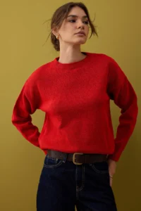 TRENDYOLMİLLA Red Soft textured Wide Pattern Shawl Knitwear Sweater - Image 3