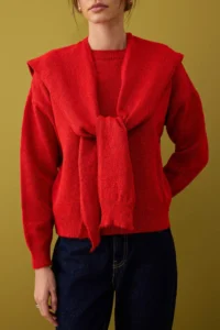 TRENDYOLMİLLA Red Soft textured Wide Pattern Shawl Knitwear Sweater - Image 4