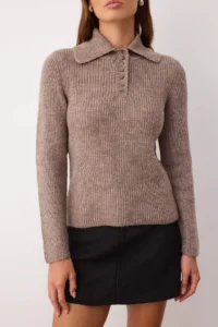 TRENDYOLMİLLA Mink Soft textured buttoned Turndown collar Knitwear Sweater - Image 3