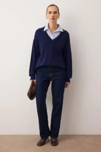 TRENDYOLMİLLA NAVY BLUE Shirt Collar Garnili Detailed Wide Pattern Knitwear Sweater - Image 2