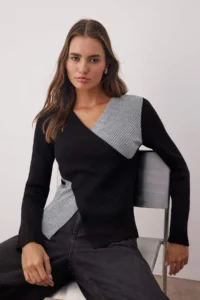 TRENDYOLMİLLA Black Fitted Double breasted Thin Knitwear Sweater
