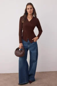 TRENDYOLMİLLA Brown*001 Fitted Plain Double breasted Thin Knitwear Sweater - Image 2