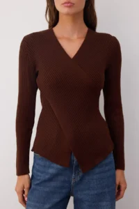 TRENDYOLMİLLA Brown*001 Fitted Plain Double breasted Thin Knitwear Sweater - Image 3