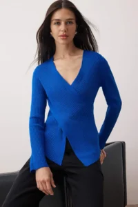 TRENDYOLMİLLA Saks BLUE*001 Fitted Double breasted Thin Knitwear Sweater