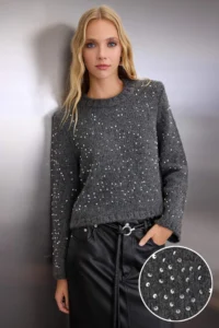 TRENDYOLMİLLA Anthracite Soft textured Crop/Short Sequin Sequin embroidered Knitwear Sweater