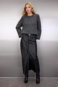 TRENDYOLMİLLA Anthracite Soft textured Crop/Short Sequin Sequin embroidered Knitwear Sweater - Image 2