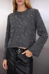 TRENDYOLMİLLA Anthracite Soft textured Crop/Short Sequin Sequin embroidered Knitwear Sweater - Image 3