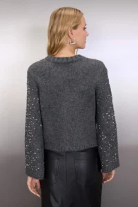 TRENDYOLMİLLA Anthracite Soft textured Crop/Short Sequin Sequin embroidered Knitwear Sweater - Image 4