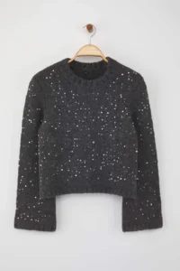 TRENDYOLMİLLA Anthracite Soft textured Crop/Short Sequin Sequin embroidered Knitwear Sweater - Image 5