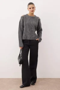 TRENDYOLMİLLA Anthracite Omuz Cut Out/Pencere Detailed Pearl embroidered Knitwear Sweater - Image 2