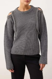 TRENDYOLMİLLA Anthracite Omuz Cut Out/Pencere Detailed Pearl embroidered Knitwear Sweater - Image 3