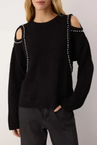 TRENDYOLMİLLA Black Omuz Cut Out/Pencere Detailed Pearl embroidered Knitwear Sweater - Image 3