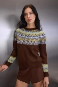 TRENDYOLMİLLA Brown Soft textured Ethnic Patterned Knitwear Sweater