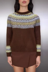 TRENDYOLMİLLA Brown Soft textured Ethnic Patterned Knitwear Sweater - Image 3