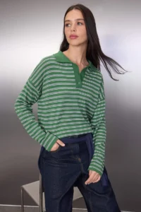TRENDYOLMİLLA Wardrobe Essentials Green Premium Thread Wide Pattern Striped Knitwear Sweater