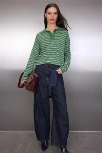 TRENDYOLMİLLA Wardrobe Essentials Green Premium Thread Wide Pattern Striped Knitwear Sweater - Image 2