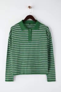 TRENDYOLMİLLA Wardrobe Essentials Green Premium Thread Wide Pattern Striped Knitwear Sweater - Image 5