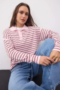TRENDYOLMİLLA Wardrobe Essentials PINK Premium Thread Wide Pattern Striped Knitwear Sweater