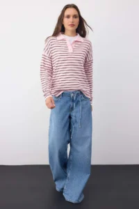 TRENDYOLMİLLA Wardrobe Essentials PINK Premium Thread Wide Pattern Striped Knitwear Sweater - Image 2