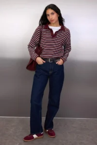 TRENDYOLMİLLA Wardrobe Essentials Plum Premium Thread Wide Pattern Striped Knitwear Sweater