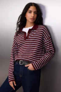 TRENDYOLMİLLA Wardrobe Essentials Plum Premium Thread Wide Pattern Striped Knitwear Sweater - Image 2
