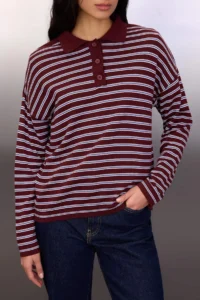 TRENDYOLMİLLA Wardrobe Essentials Plum Premium Thread Wide Pattern Striped Knitwear Sweater - Image 3