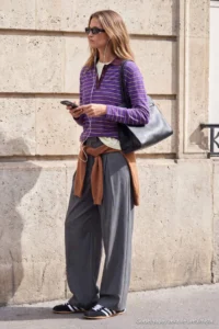 TRENDYOLMİLLA Wardrobe Essentials Purple Premium Thread Wide Pattern Striped Knitwear Sweater