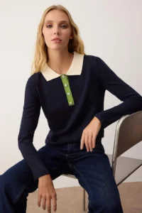 TRENDYOLMİLLA NAVY BLUE Polo Shirt Collar Button Detailed Knitwear Sweater - Image 2