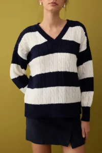 TRENDYOLMİLLA NAVY BLUE Soft textured Wide Pattern Color Blocked Knitwear Sweater - Image 3