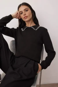 TRENDYOLMİLLA Black Cotton Content Collar Sewing Detailed Knitwear Sweater - Image 2