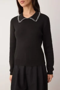 TRENDYOLMİLLA Black Cotton Content Collar Sewing Detailed Knitwear Sweater - Image 3