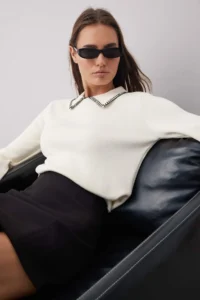 TRENDYOLMİLLA Ecru Cotton Content Collar Sewing Detailed Knitwear Sweater