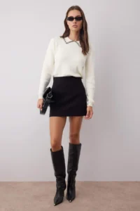 TRENDYOLMİLLA Ecru Cotton Content Collar Sewing Detailed Knitwear Sweater - Image 2