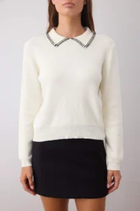 TRENDYOLMİLLA Ecru Cotton Content Collar Sewing Detailed Knitwear Sweater - Image 3
