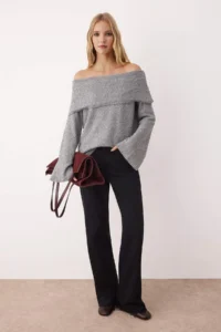 TRENDYOLMİLLA Anthracite textured Carmen Collar Knitwear Sweater - Image 2