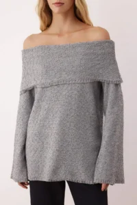TRENDYOLMİLLA Anthracite textured Carmen Collar Knitwear Sweater - Image 3