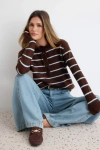 TRENDYOLMİLLA Baby BLUE-Brown Soft textured Striped Knitwear Sweater