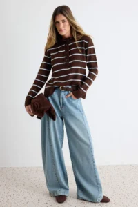 TRENDYOLMİLLA Baby BLUE-Brown Soft textured Striped Knitwear Sweater - Image 2