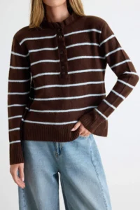 TRENDYOLMİLLA Baby BLUE-Brown Soft textured Striped Knitwear Sweater - Image 3