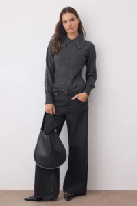 TRENDYOLMİLLA Anthracite Soft textured Polo Shirt Collar Stone Detailed Knitwear Sweater - Image 2