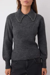 TRENDYOLMİLLA Anthracite Soft textured Polo Shirt Collar Stone Detailed Knitwear Sweater - Image 3