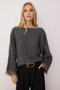TRENDYOLMİLLA Soft textured Knitwear Sweater with Anthracite Lace Garnish