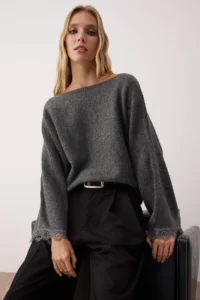 TRENDYOLMİLLA Soft textured Knitwear Sweater with Anthracite Lace Garnish - Image 2