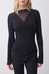 TRENDYOLMİLLA Black Transparan Detailed Knitwear Sweater - Image 3
