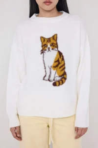 TRENDYOLMİLLA Teen Ecru*001 Soft textured Cat Embroidered Crew Neck Knitwear Sweater - Image 3