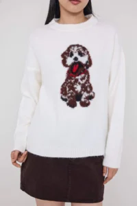 TRENDYOLMİLLA Teen Ecru Soft textured Dog Embroidered Crew Neck Knitwear Sweater - Image 3